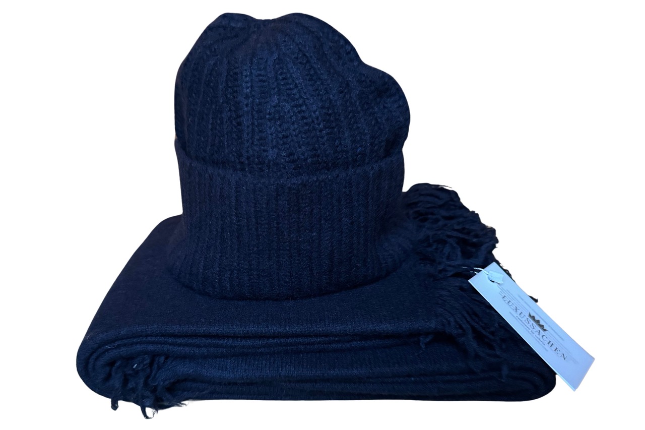 100% Cashmere-Set Mütze + XXL Schal Navy